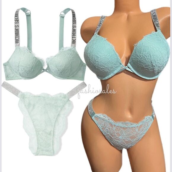 Victorias Secret Set Rhinestone Strap Bombshell Add-2-Cups Push Up bra & Slip - Picture 1 of 12